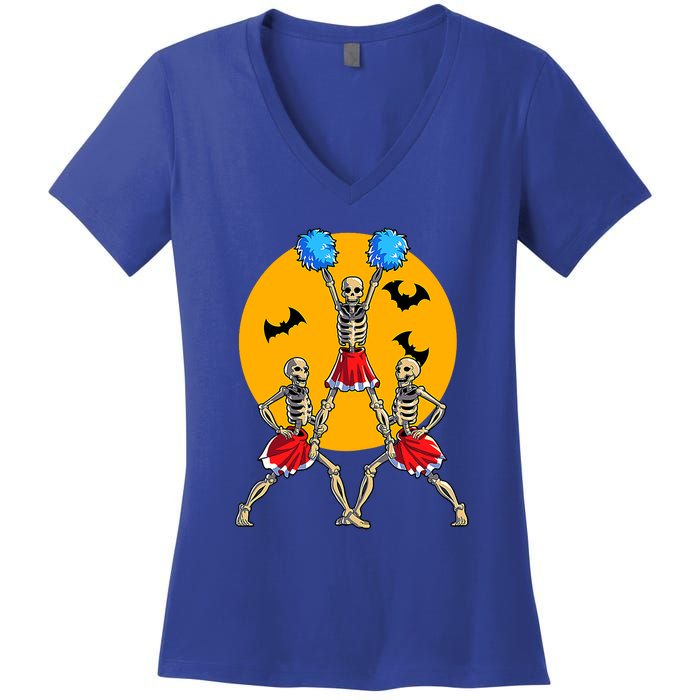 Cheerleading Skeleton Halloween Cheer Skeleton Cheerleader Women's V-Neck T-Shirt