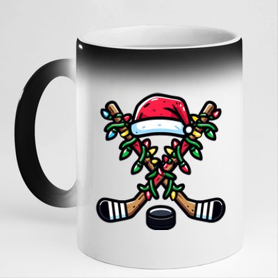 Christmas Santa Hat Hockey Sticks Xmas Lights Gift 11oz Black Color Changing Mug