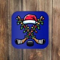 Christmas Santa Hat Hockey Sticks Xmas Lights Gift Coaster