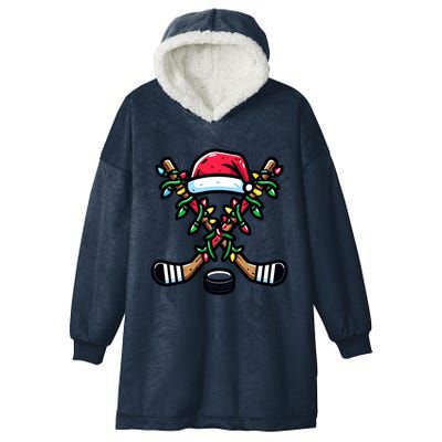 Christmas Santa Hat Hockey Sticks Xmas Lights Gift Hooded Wearable Blanket