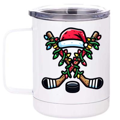 Christmas Santa Hat Hockey Sticks Xmas Lights Gift 12 oz Stainless Steel Tumbler Cup