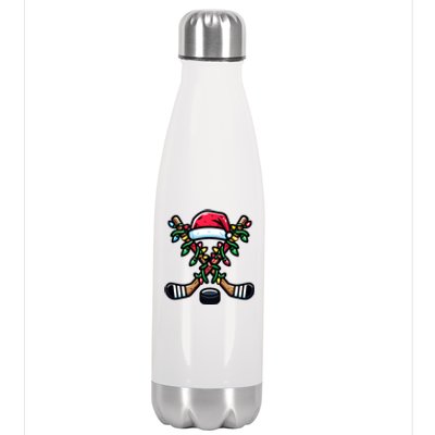 Christmas Santa Hat Hockey Sticks Xmas Lights Gift Stainless Steel Insulated Water Bottle