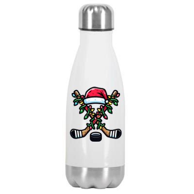 Christmas Santa Hat Hockey Sticks Xmas Lights Gift Stainless Steel Insulated Water Bottle