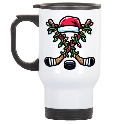 Christmas Santa Hat Hockey Sticks Xmas Lights Gift Stainless Steel Travel Mug