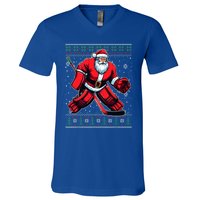 Christmas Santa Hockey Goalie Ugly Christmas Sweater Cool Gift V-Neck T-Shirt