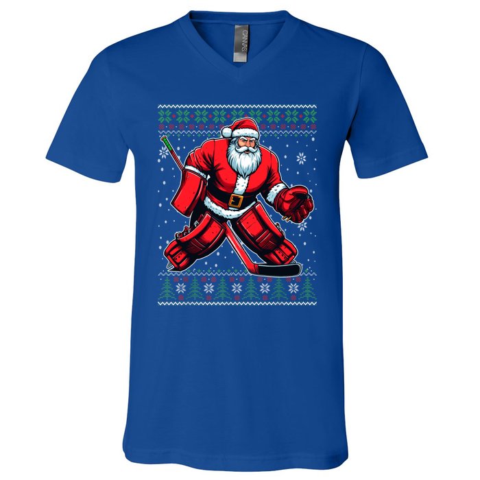 Christmas Santa Hockey Goalie Ugly Christmas Sweater Cool Gift V-Neck T-Shirt