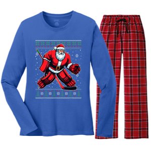 Christmas Santa Hockey Goalie Ugly Christmas Sweater Cool Gift Women's Long Sleeve Flannel Pajama Set 