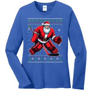 Christmas Santa Hockey Goalie Ugly Christmas Sweater Cool Gift Ladies Long Sleeve Shirt