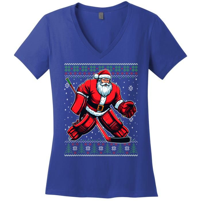 Christmas Santa Hockey Goalie Ugly Christmas Sweater Cool Gift Women's V-Neck T-Shirt