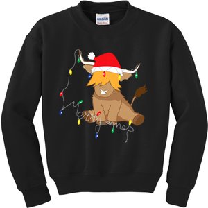 Cute Santa Highland Cow Merry Christmas Bulbs Kids Sweatshirt