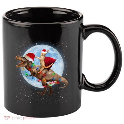 Cat Santa Hat Riding Dinosaur T Rex Moon Christmas Xmas Gift 11oz C Handle Ceramic Mug