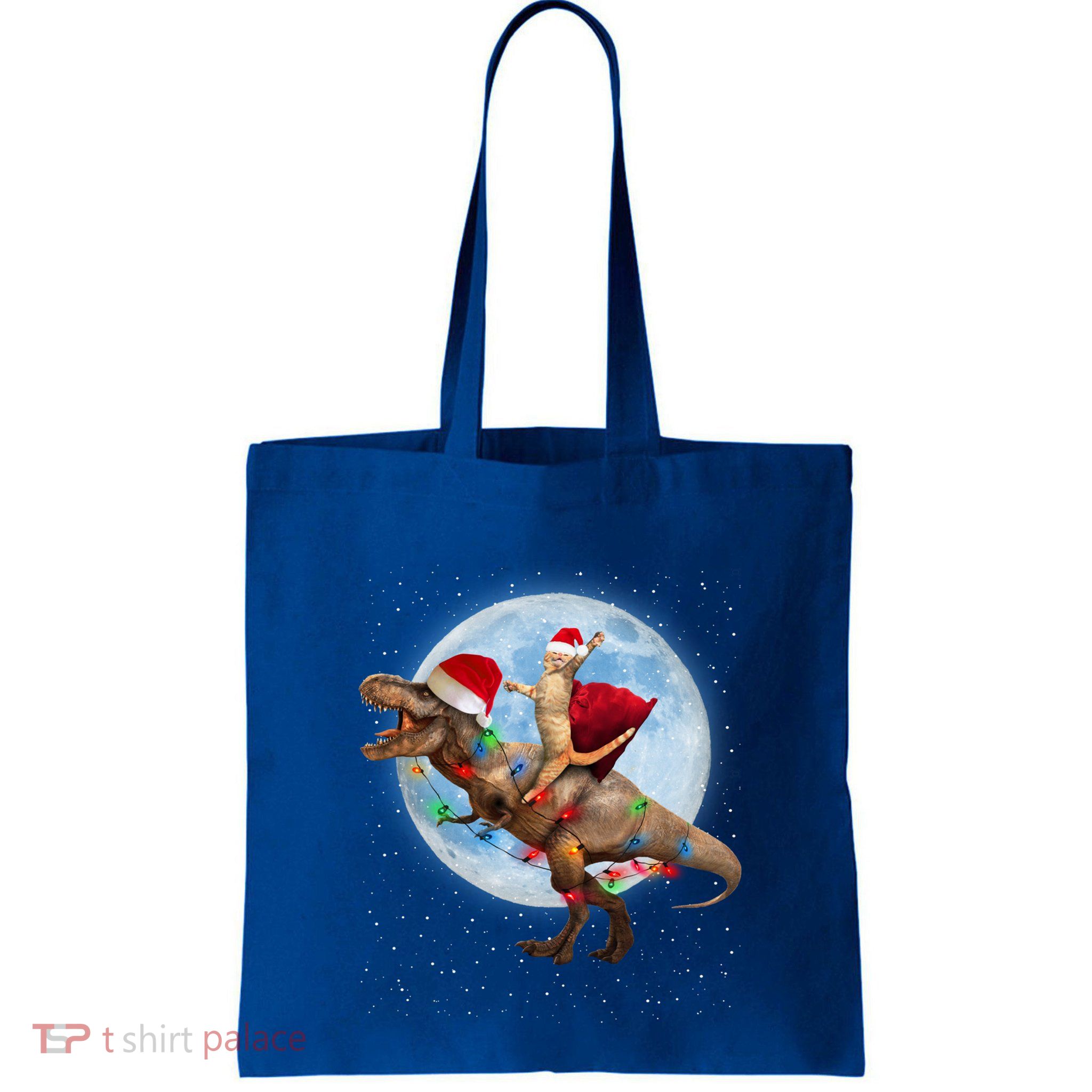 Cat Santa Hat Riding Dinosaur T Rex Moon Christmas Xmas Gift Bag