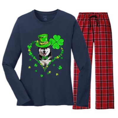 Cute Siberian Husky Saint Patrick's Day Dogs Dad Mom Women's Long Sleeve Flannel Pajama Set 