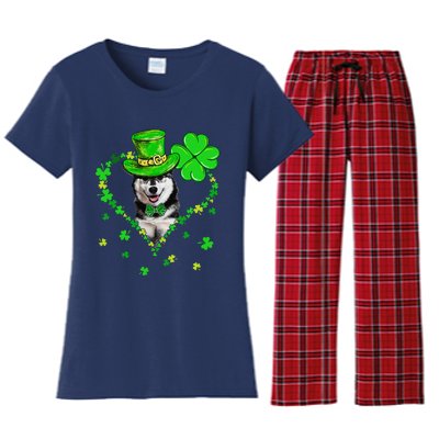 Cute Siberian Husky Saint Patrick's Day Dogs Dad Mom Women's Flannel Pajama Set