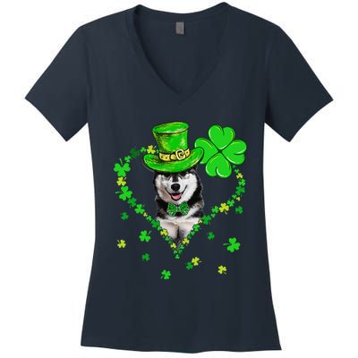 Cute Siberian Husky Saint Patrick's Day Dogs Dad Mom Women's V-Neck T-Shirt