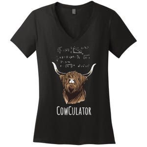 Cowculator Scottish Highland Cattle Animal Math Numbers Women's V-Neck T-Shirt