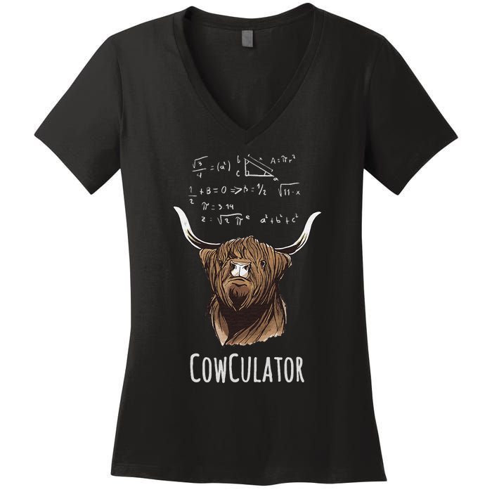 Cowculator Scottish Highland Cattle Animal Math Numbers Women's V-Neck T-Shirt