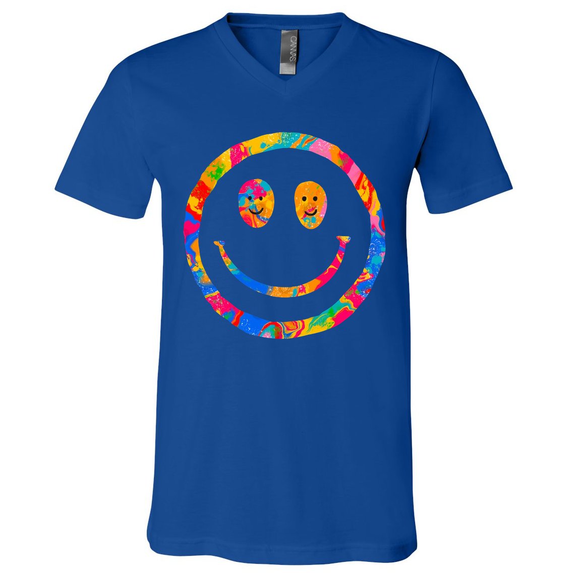 Colorful Super Happy Face Smiley V-Neck T-Shirt