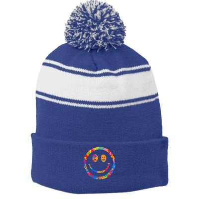 Colorful Super Happy Face Smiley Stripe Pom Pom Beanie