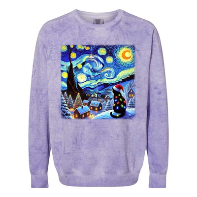 Cat Santa Hat Xmas Christmas Van Gogh Starry Night Black Gift Colorblast Crewneck Sweatshirt