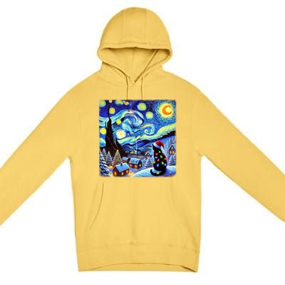 Cat Santa Hat Xmas Christmas Van Gogh Starry Night Black Gift Premium Pullover Hoodie