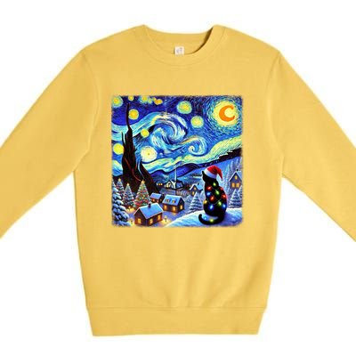 Cat Santa Hat Xmas Christmas Van Gogh Starry Night Black Gift Premium Crewneck Sweatshirt