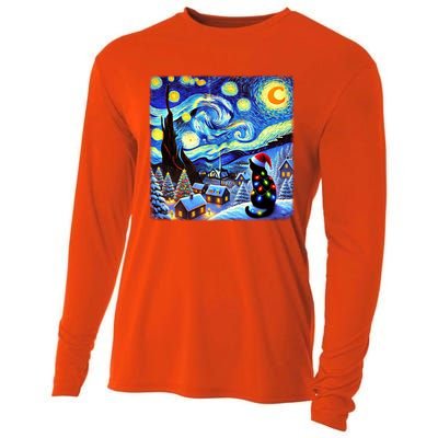 Cat Santa Hat Xmas Christmas Van Gogh Starry Night Black Gift Cooling Performance Long Sleeve Crew