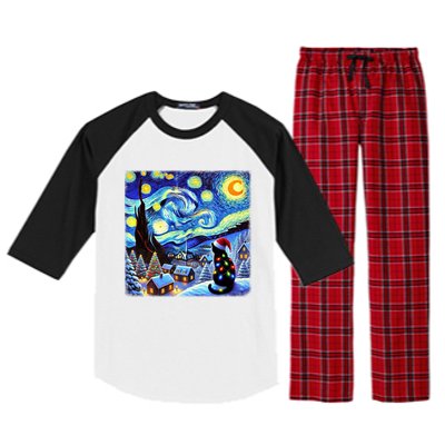 Cat Santa Hat Xmas Christmas Van Gogh Starry Night Black Gift Raglan Sleeve Pajama Set