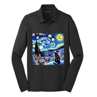 Cat Santa Hat Xmas Christmas Van Gogh Starry Night Black Gift Silk Touch Performance Long Sleeve Polo