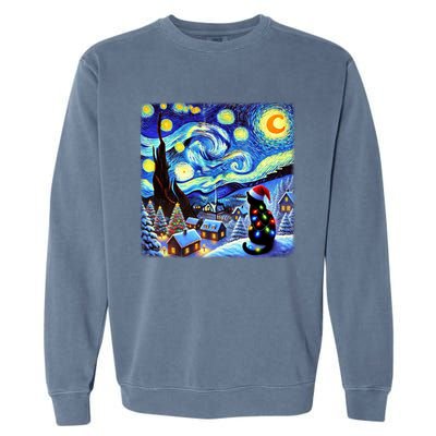 Cat Santa Hat Xmas Christmas Van Gogh Starry Night Black Gift Garment-Dyed Sweatshirt