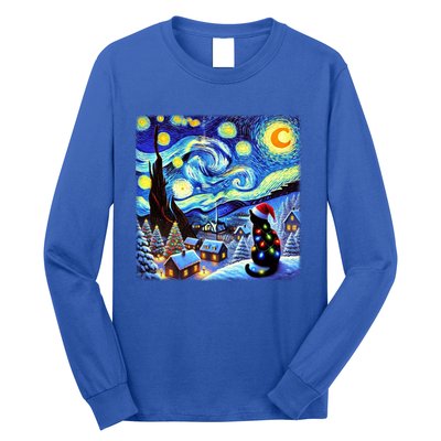 Cat Santa Hat Xmas Christmas Van Gogh Starry Night Black Gift Long Sleeve Shirt