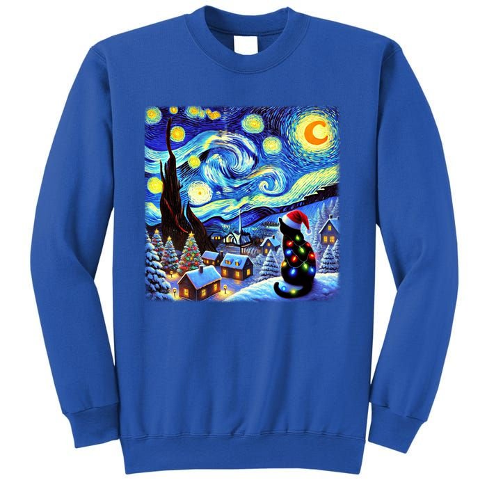 Cat Santa Hat Xmas Christmas Van Gogh Starry Night Black Gift Sweatshirt