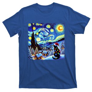 Cat Santa Hat Xmas Christmas Van Gogh Starry Night Black Gift T-Shirt