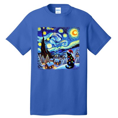 Cat Santa Hat Xmas Christmas Van Gogh Starry Night Black Gift Tall T-Shirt