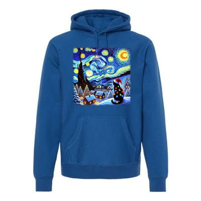 Cat Santa Hat Xmas Christmas Van Gogh Starry Night Black Gift Premium Hoodie