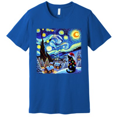 Cat Santa Hat Xmas Christmas Van Gogh Starry Night Black Gift Premium T-Shirt