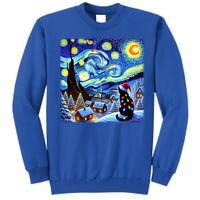 Cat Santa Hat Xmas Christmas Van Gogh Starry Night Black Gift Tall Sweatshirt