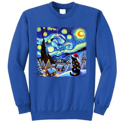 Cat Santa Hat Xmas Christmas Van Gogh Starry Night Black Gift Tall Sweatshirt