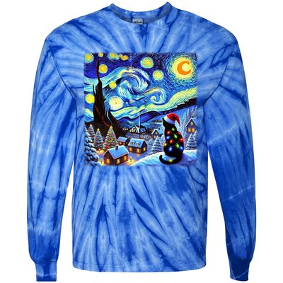 Cat Santa Hat Xmas Christmas Van Gogh Starry Night Black Gift Tie-Dye Long Sleeve Shirt