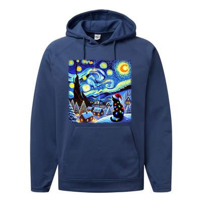 Cat Santa Hat Xmas Christmas Van Gogh Starry Night Black Gift Performance Fleece Hoodie