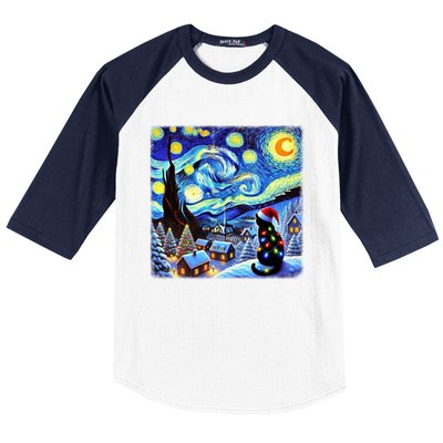 Cat Santa Hat Xmas Christmas Van Gogh Starry Night Black Gift Baseball Sleeve Shirt