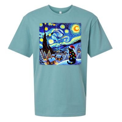 Cat Santa Hat Xmas Christmas Van Gogh Starry Night Black Gift Sueded Cloud Jersey T-Shirt