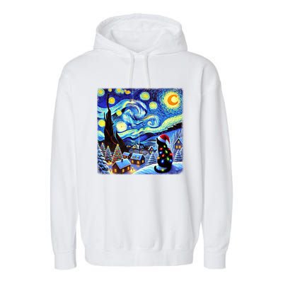 Cat Santa Hat Xmas Christmas Van Gogh Starry Night Black Gift Garment-Dyed Fleece Hoodie