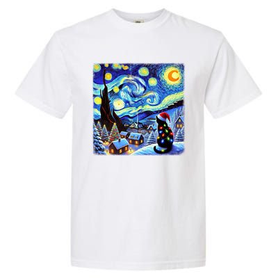 Cat Santa Hat Xmas Christmas Van Gogh Starry Night Black Gift Garment-Dyed Heavyweight T-Shirt