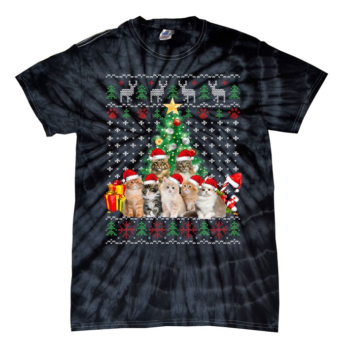 Cats Santa Hat Christmas Funny Xmas Tree Tie-Dye T-Shirt