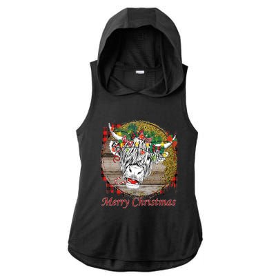 Cute Santa Highland Hairy Cow Merry Christmas Red Plaid Gift Ladies PosiCharge Tri-Blend Wicking Draft Hoodie Tank