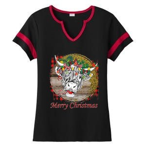 Cute Santa Highland Hairy Cow Merry Christmas Red Plaid Gift Ladies Halftime Notch Neck Tee