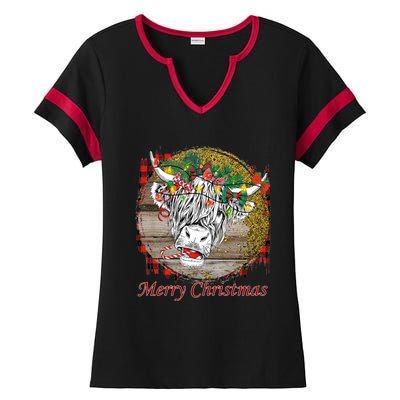 Cute Santa Highland Hairy Cow Merry Christmas Red Plaid Gift Ladies Halftime Notch Neck Tee