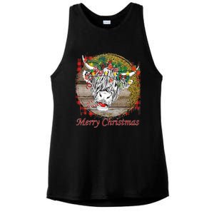 Cute Santa Highland Hairy Cow Merry Christmas Red Plaid Gift Ladies PosiCharge Tri-Blend Wicking Tank