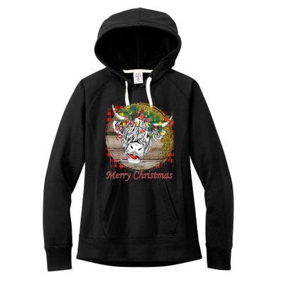 Cute Santa Highland Hairy Cow Merry Christmas Red Plaid Gift Women's Fleece Hoodie